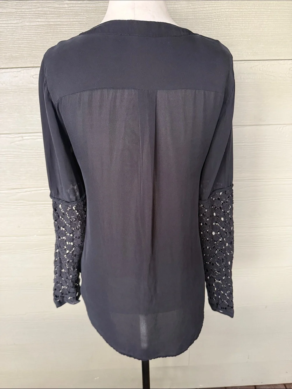 J. Crew Black Long-Sleeve Silk Button Down Blouse with Crochet Sleeves